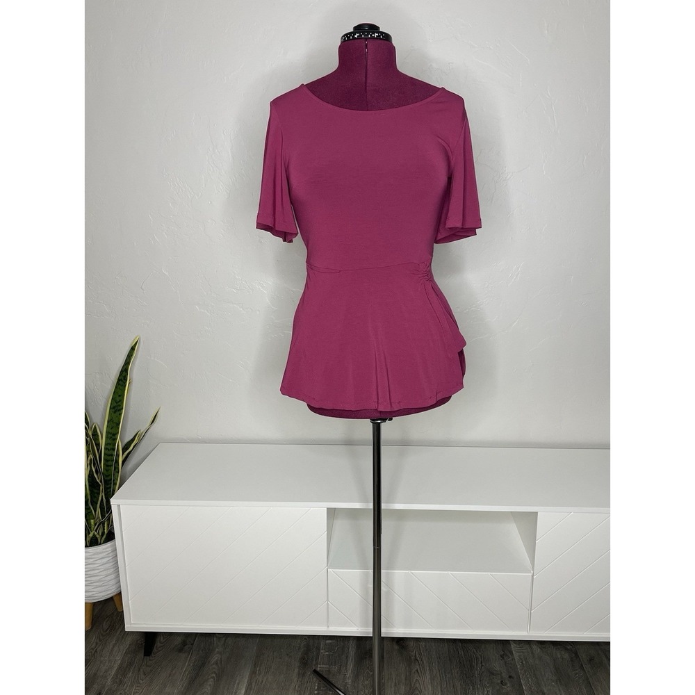 Betabrand Top Women's S Erin Burgundy Flutter Sleeve Knit‎ Tunic Ruched Pocket